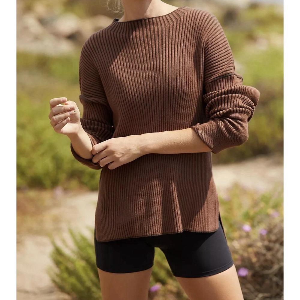 Varley Emile Rib Knit Mock Neck Sweater Brown Sz S Oversized Stretch Athleisure